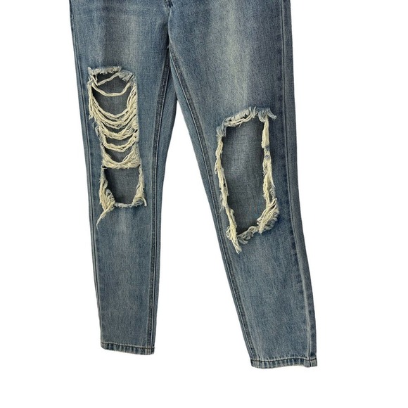 AFRM Revolve Boyfriend Destroyed High Rise Button Fly Blue Ripped Jeans Size 26 - Picture 4 of 11